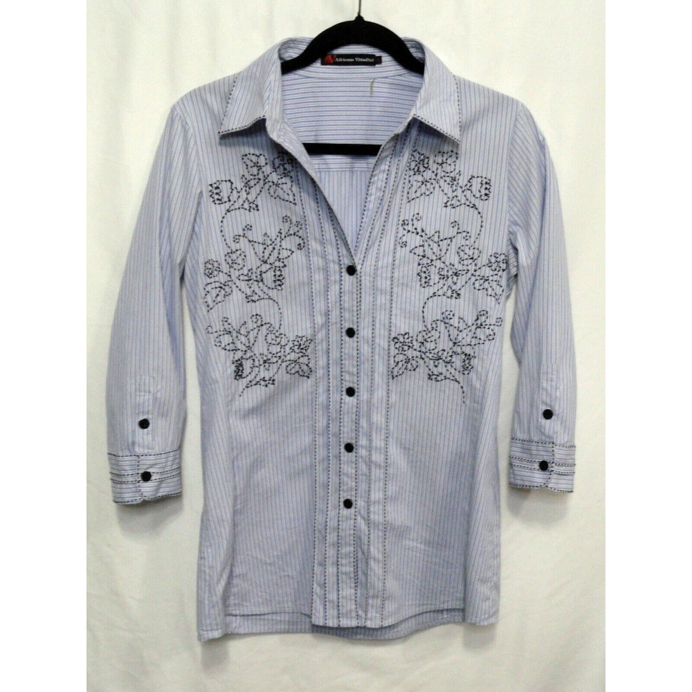 Adrienne Vittadini Floral Embroidered Blue White Stripe Button Up Women's Size 8